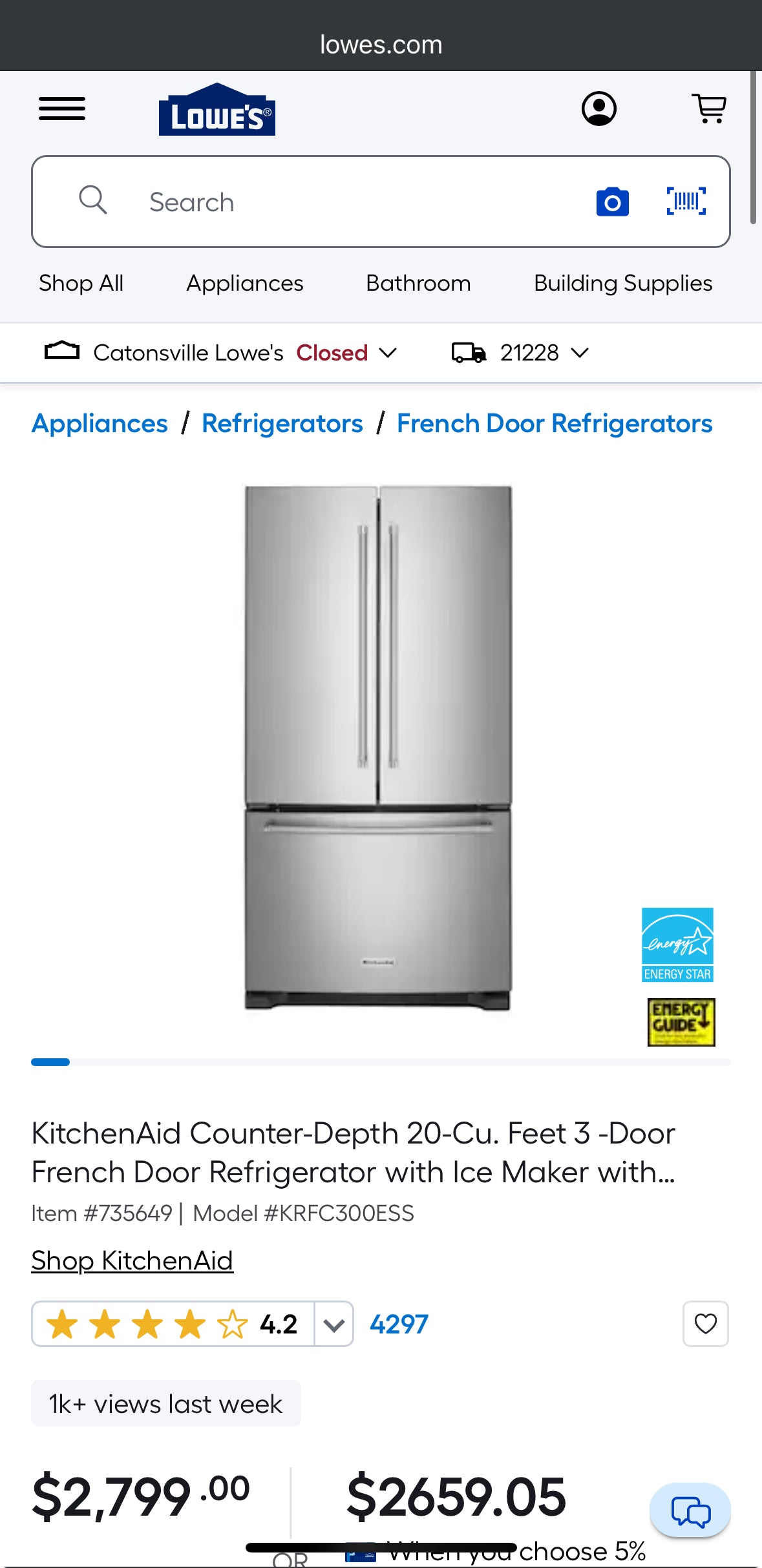 KitchenAid Counter-Depth 20-Cu. Feet 3 -Door French Door Refrigerator with Ice Maker with water dispenser (Stainless steel) ENERGY STAR