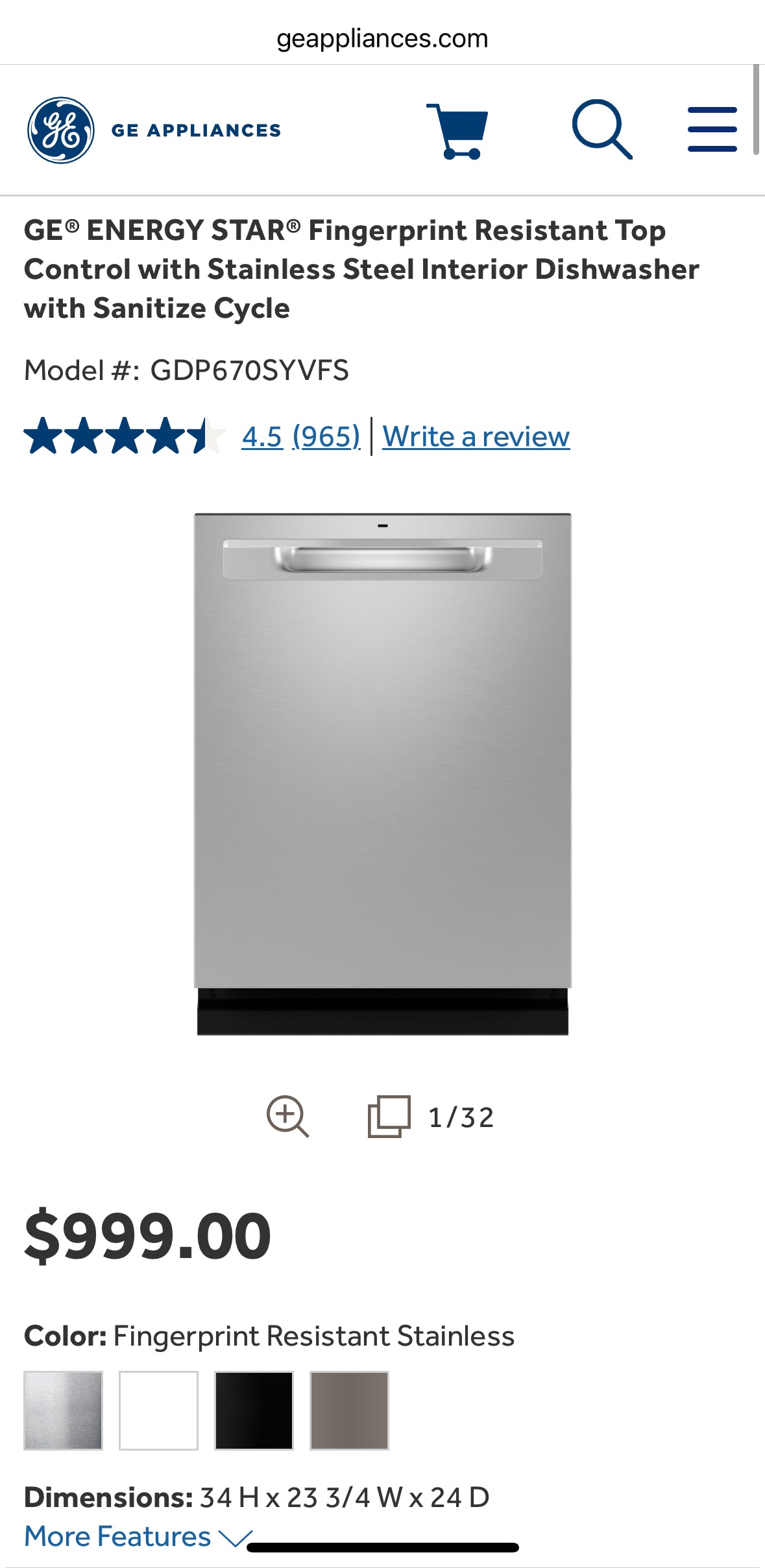 GE® ENERGY STAR® Fingerprint Resistant Top Control with Stainless Steel Interior Dishwasher with Sanitize Cycle w/ Third Rack