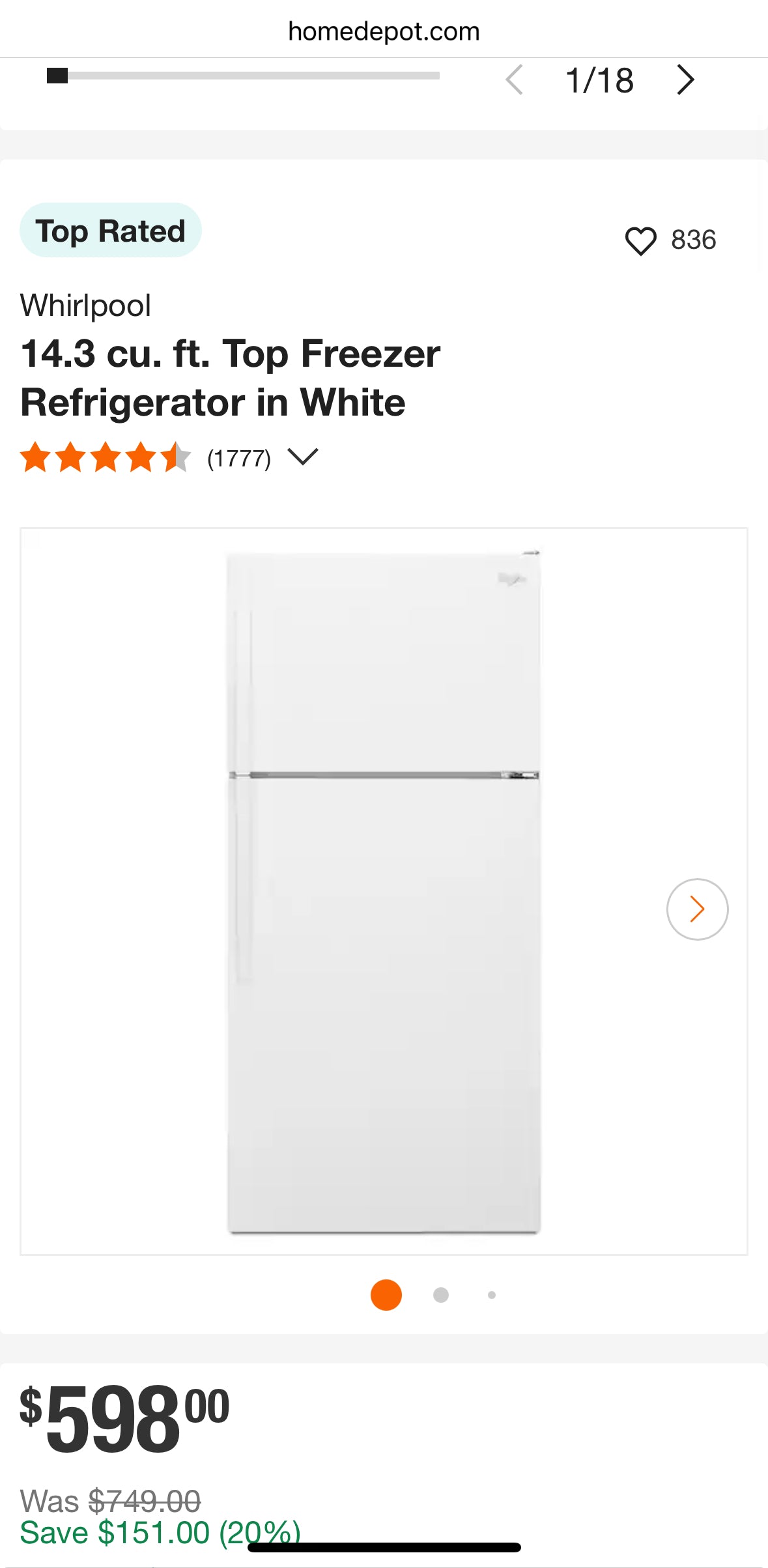 Whirlpool 28-inch Wide Top Freezer Refrigerator - 14 cu. ft. White