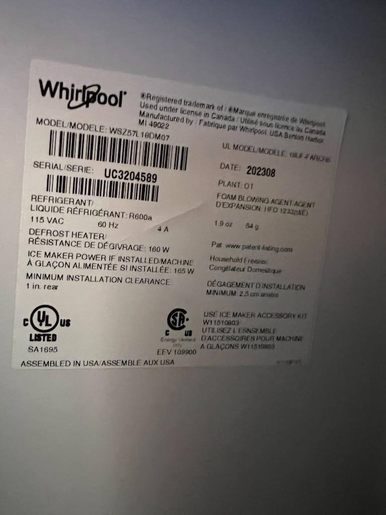 Whirlpool 30 Inch Freestanding Upright Freezer with 18.0 cu. ft. Capacity,