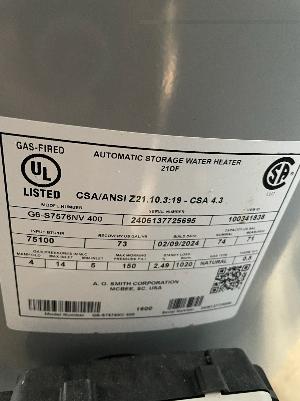 A.O. Smith 75 Gallon Gas Water Heater