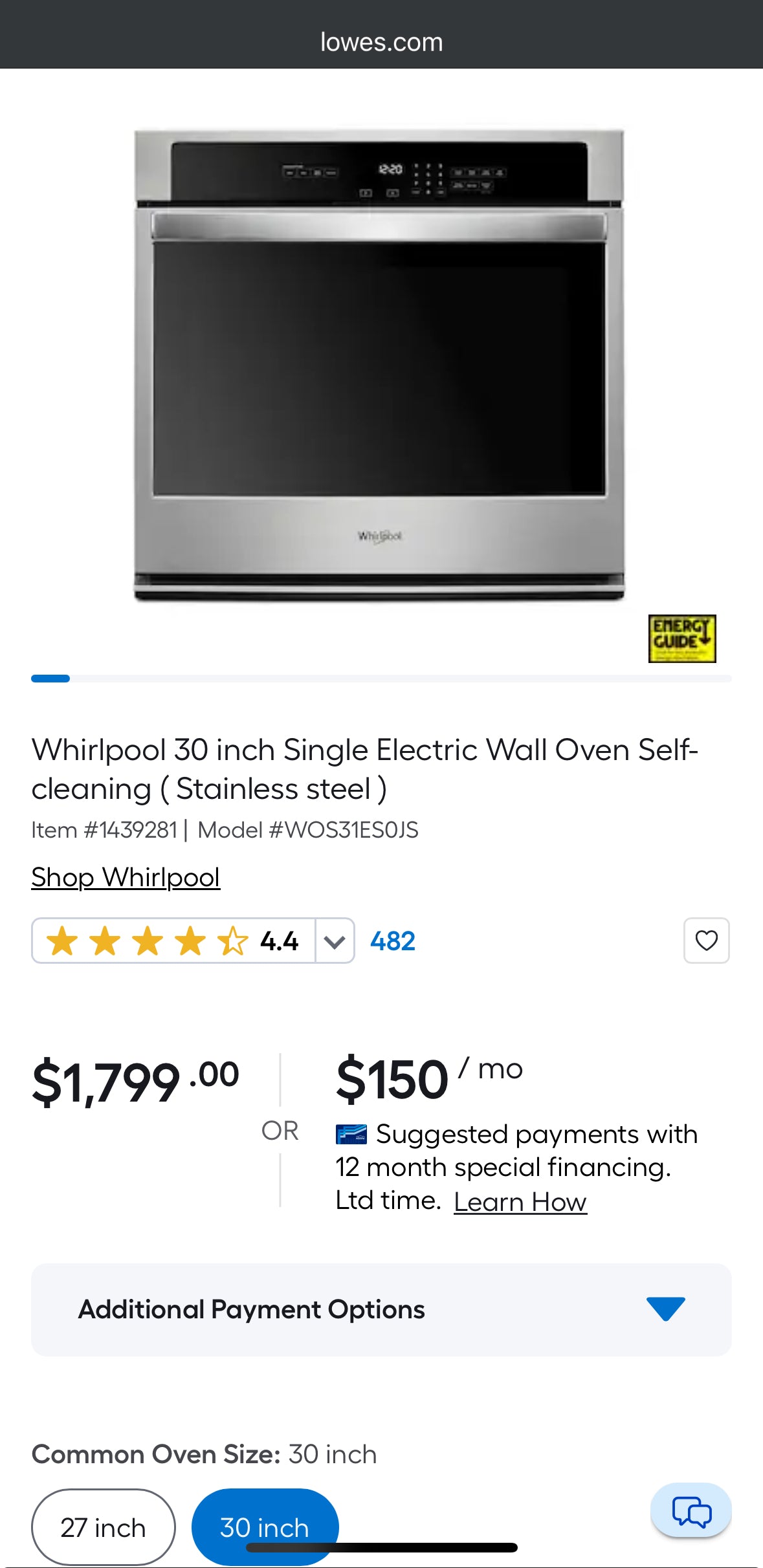 Whirlpool 30 inch Single Electric Wall Oven Self-cleaning (Stainless Steel)