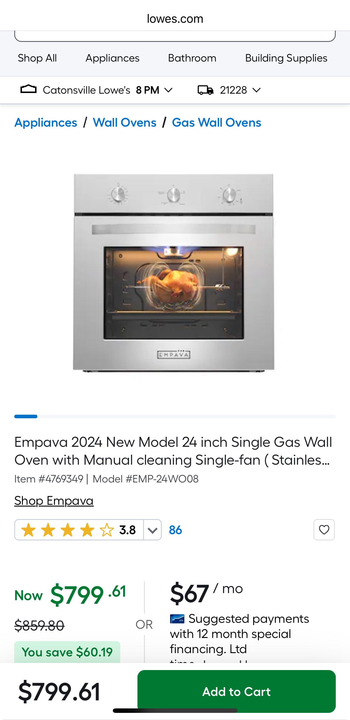 Empava 24 In. 2.3 Cu. Ft. Single Gas Wall Oven - Only For Natural Gas