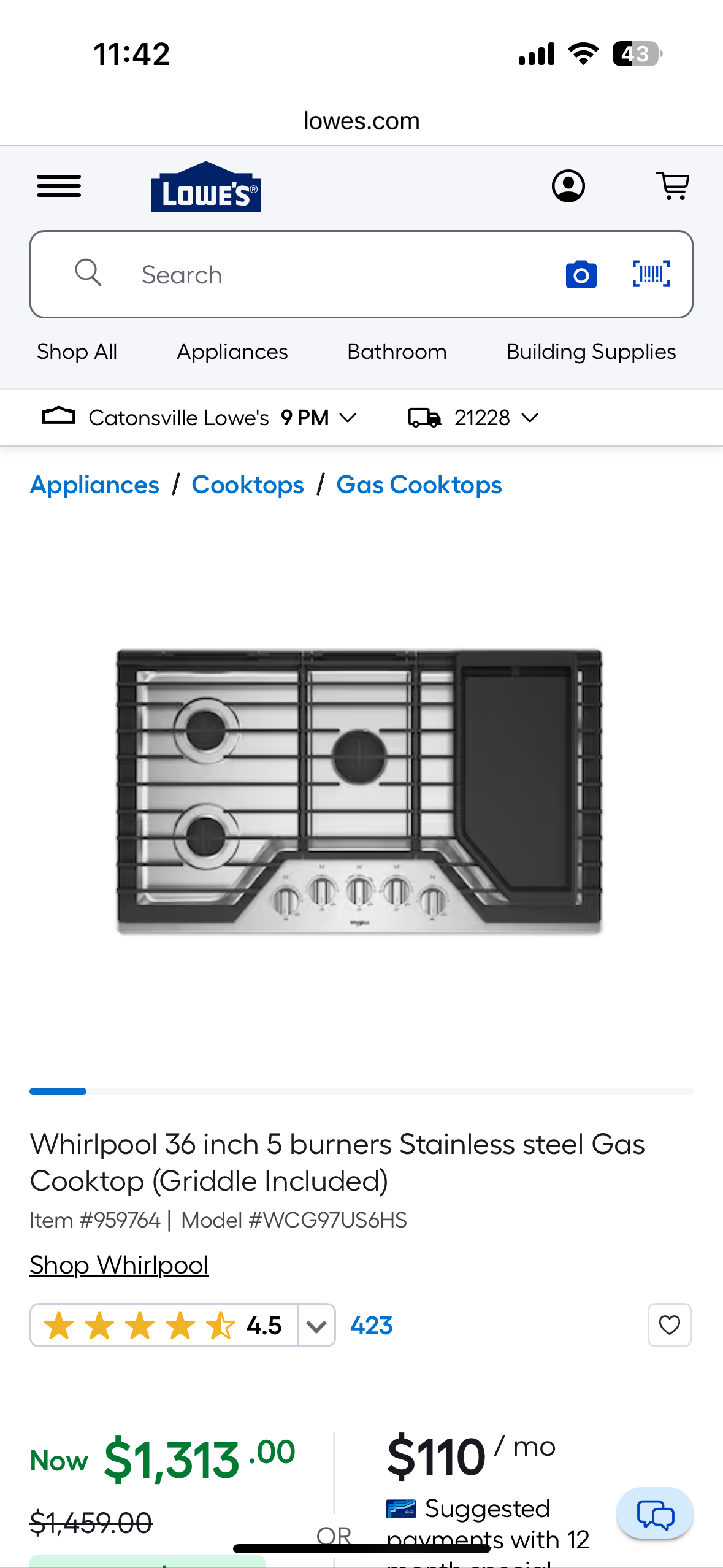 Whirlpool 36-inch Gas Cooktop with Griddle Stainless Steel