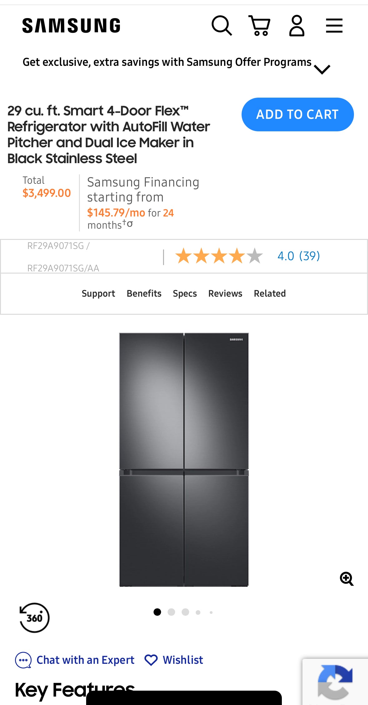 Samsung 29 cu. ft. Smart 4-Door Flex™ Refrigerator with AutoFill Water Pitcher and Dual Ice Maker in Black Stainless Steel