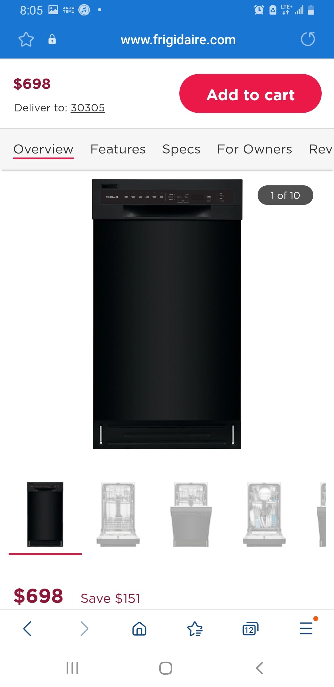 Frigidaire 18 in. Black Front Control Built-In Tall Tub Dishwasher with Stainless Steel Tub, ENERGY STAR, 52 dBA